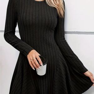 Rib Knit Long Sleeve Sexy Black Dress, casual